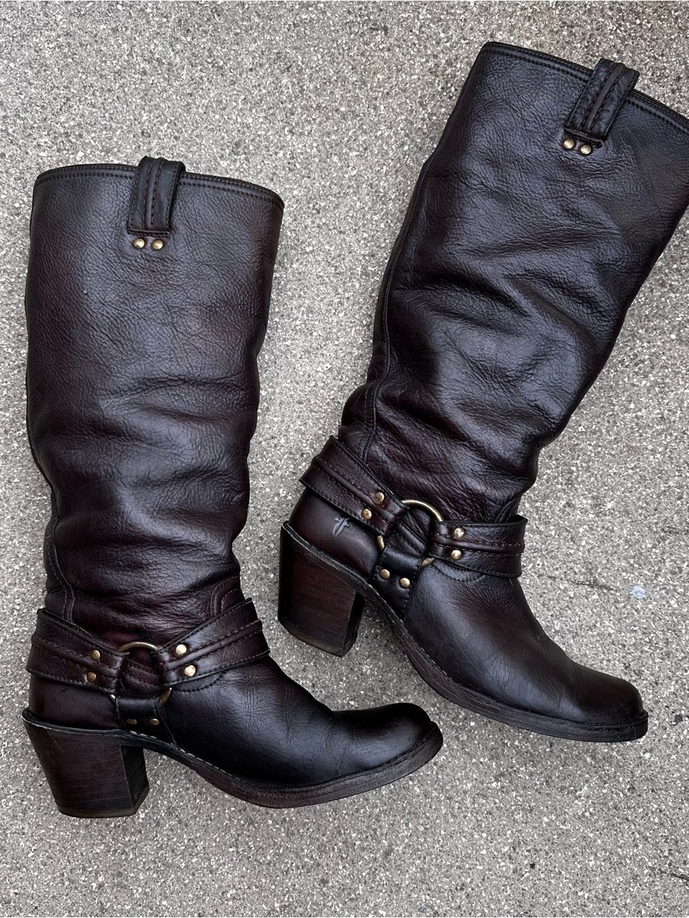 Frye Dark Brown Leather Mid-Calf Heeled Harness Boots